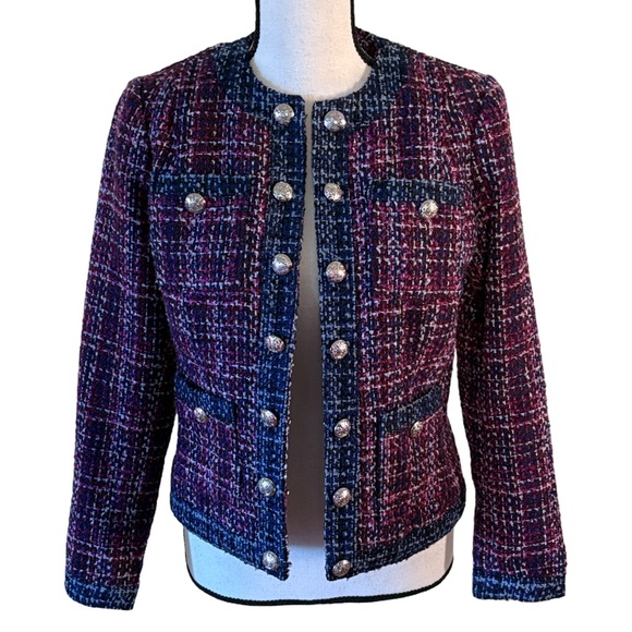 White House Black Market Wine & Navy Blue Tweed Military Jacket Size 2 - Picture 2 of 11